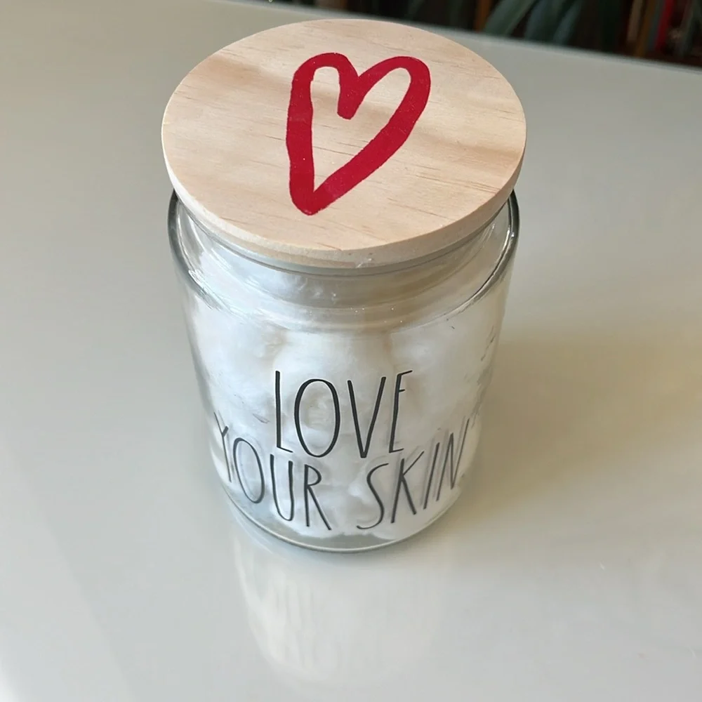 Rae Dunn Love Your Skin Bathroom QTip Cotton Ball Jar Organizer